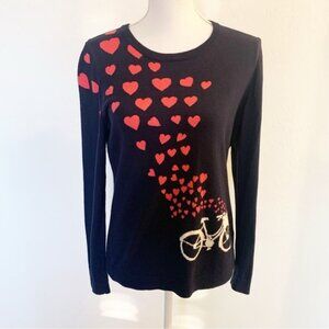 Talbots Floating Hearts Bicycle Navy Crew Neck Knit Sweater Size M